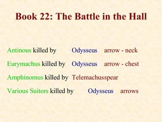 Book 22: The Battle in the Hall Antinous   killed by Odysseus arrow - neck Eurymachus   killed by Odysseus arrow - chest Amphinomus   killed by Telemachus spear Various Suitors   killed by Odysseus arrows 