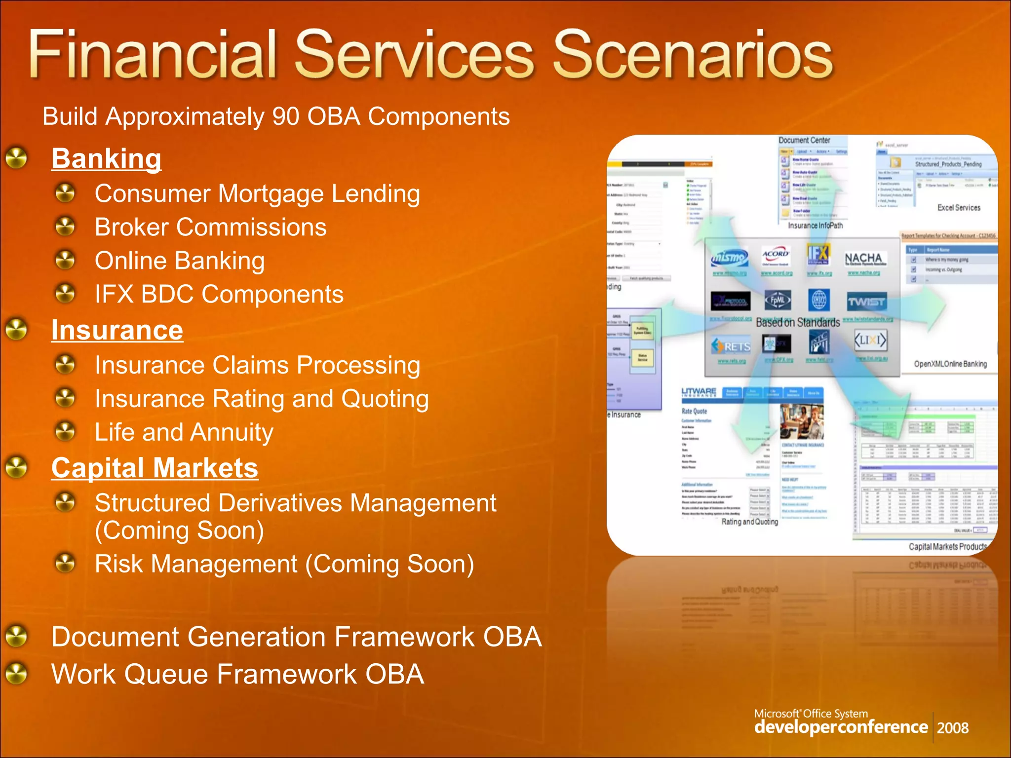 Banking Consumer Mortgage Lending  Broker Commissions Online Banking  IFX BDC Components Insurance Insurance Claims Processing Insurance Rating and Quoting  Life and Annuity Capital Markets Structured Derivatives Management (Coming Soon) Risk Management (Coming Soon) Document Generation Framework OBA Work Queue Framework OBA Build Approximately 90 OBA Components 