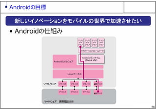 56
Androidの⽬標
• Androidの仕組み
新しいイノベーションをモバイルの世界で加速させたい
 