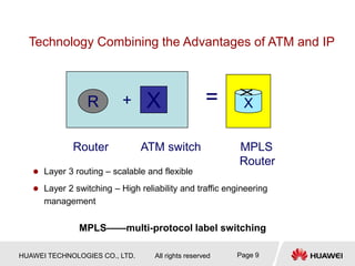 HUAWEI TECHNOLOGIES CO., LTD. All rights reserved Page 9
Technology Combining the Advantages of ATM and IP
+ X
R = X
Router ATM switch MPLS
Router
MPLS——multi-protocol label switching
 Layer 3 routing – scalable and flexible
 Layer 2 switching – High reliability and traffic engineering
management
 