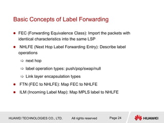 HUAWEI TECHNOLOGIES CO., LTD. All rights reserved Page 24
Basic Concepts of Label Forwarding
 FEC (Forwarding Equivalence Class): Import the packets with
identical characteristics into the same LSP
 NHLFE (Next Hop Label Forwarding Entry): Describe label
operations
 next hop
 label operation types: push/pop/swap/null
 Link layer encapsulation types
 FTN (FEC to NHLFE): Map FEC to NHLFE
 ILM (Incoming Label Map): Map MPLS label to NHLFE
 