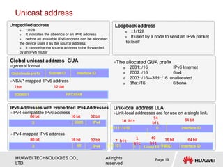 HUAWEI TECHNOLOGIES CO.,
LTD.
All rights
reserved
Unicast address
Unspecified address
 ::/128
 It indicates the absence of an IPv6 address
 before an available IPv6 address can be allocated ,
the device uses it as the source address.
 it cannot be the source address to be forwarded
by an IPv6 router
Loopback address
 ::1/128
 It used by a node to send an IPv6 packet
to itself
Global unicast address GUA
general format
NSAP mapped IPv6 address
Global route pre fix Subnet ID Interface ID
The allocated GUA prefix
 2001::/16 IPv6 Internet
 2002::/16 6to4
 2003::/16---3ffd::/16 unallocated
 3ffe::/16 6 bone
0000001 RFC4548
7 bit 121bit
IPv6 Addresses with Embedded IPv4 Addresses
IPv4-compatible IPv6 address
IPv4-mapped IPv6 address
Link-local address LLA
Link-local addresses are for use on a single link.
唯一本地地址：相当于IPv4网络中的私网地址ULA
0 0000 IPv4
80 bit 16 bit 32 bit
0 ffff IPv4
80 bit 16 bit 32 bit
0 Interface ID
1111111010
64 bit
L Interface ID
64 bit
1111101 子网ID
16 bit
10 bit
54
bit
7 bit
Group ID
1
bit
40
bit
Page 19
 