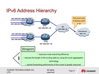 HUAWEI TECHNOLOGIES CO.,
LTD.
All rights
reserved
IPv6 Address Hierarchy
Stongpoint
 improves route searching efficiency
 reduces the length of the routing table by using the route aggregation
technology
 packet forwarding performance of the router is greatly improved
IPv6 Internet
2001::/16
ISP
2001:DB8::/32
SITE1
2001:DB8:0001::/48
2001:DB8:0001:0001::/64
2001:DB8:0001:0002::/64
SITE2
2001:DB8:0001::/48
2001:DB8:0002:0001::/64
2001:DB8:0002:0002::/64
Only send route
of address prefix
is 32
Page 31
 