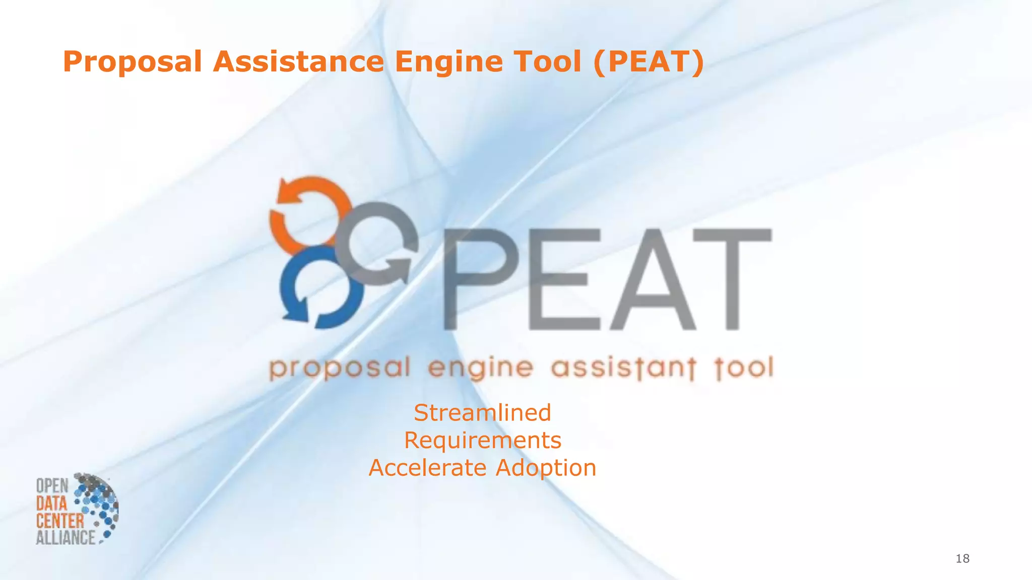 Proposal Assistance Engine Tool (PEAT)
18
Streamlined
Requirements
Accelerate Adoption