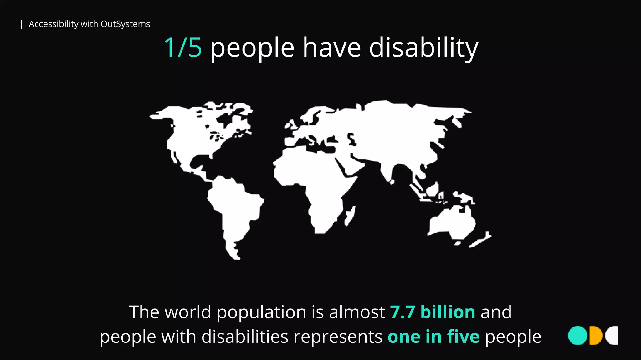 | Accessibility with OutSystems
1/5 people have disability
The world population is almost 7.7 billion and
people with disabilities represents one in five people
 