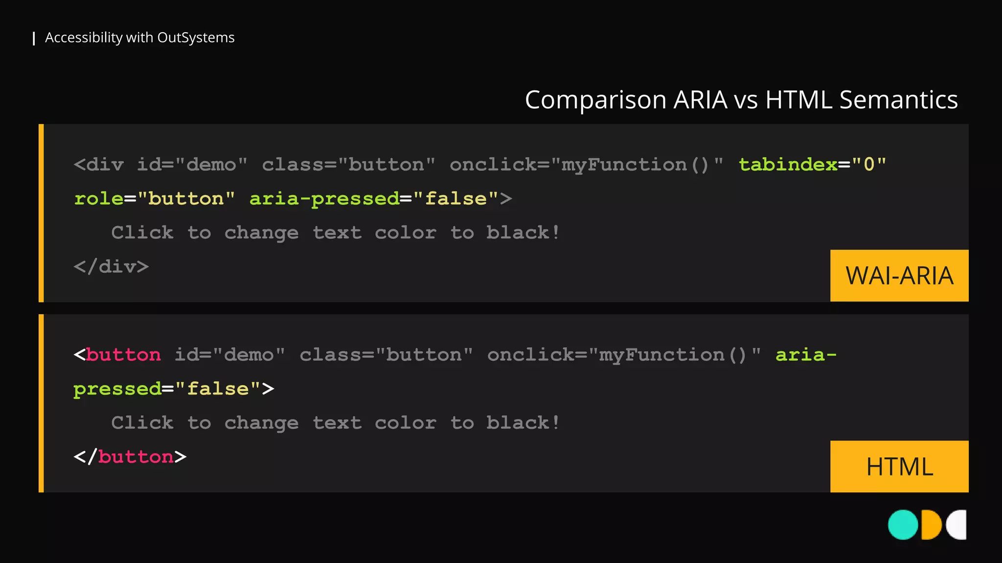 | Accessibility with OutSystems
<button id="demo" class="button" onclick="myFunction()" aria-
pressed="false">
Click to change text color to black!
</button>
HTML
<div id="demo" class="button" onclick="myFunction()" tabindex="0"
role="button" aria-pressed="false">
Click to change text color to black!
</div>
WAI-ARIA
Comparison ARIA vs HTML Semantics
 