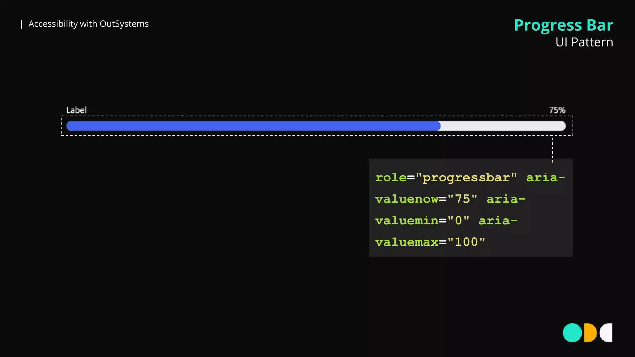| Accessibility with OutSystems
role="progressbar" aria-
valuenow="75" aria-
valuemin="0" aria-
valuemax="100"
Progress Bar
UI Pattern
 