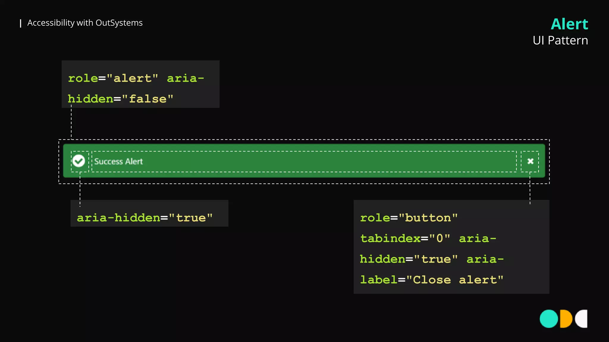 | Accessibility with OutSystems
role="alert" aria-
hidden="false"
aria-hidden="true" role="button"
tabindex="0" aria-
hidden="true" aria-
label="Close alert"
Alert
UI Pattern
 