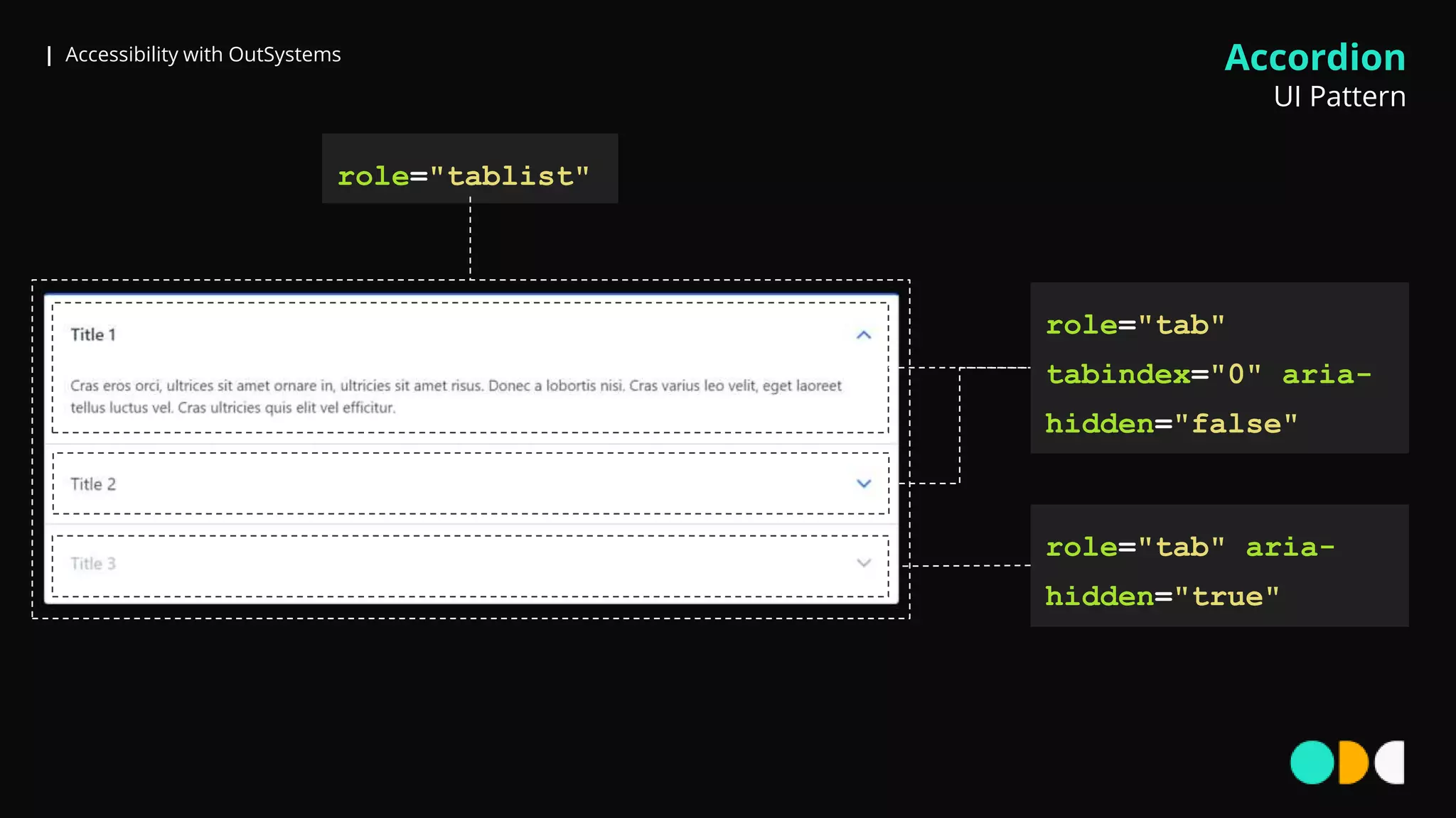 | Accessibility with OutSystems Accordion
UI Pattern
role="tablist"
role="tab"
tabindex="0" aria-
hidden="false"
role="tab" aria-
hidden="true"
 