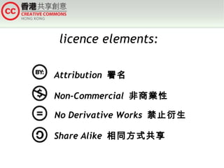 licence elements:
Attribution 署名
Non-Commercial 非商業性
No Derivative Works 禁止衍生
Share Alike 相同方式共享

 