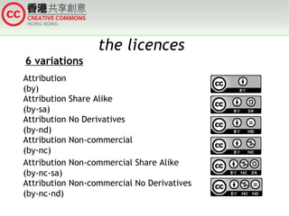 the licences
6 variations
Attribution
(by)
Attribution Share Alike
(by-sa)
Attribution No Derivatives
(by-nd)
Attribution Non-commercial
(by-nc)
Attribution Non-commercial Share Alike
(by-nc-sa)
Attribution Non-commercial No Derivatives
(by-nc-nd)

 