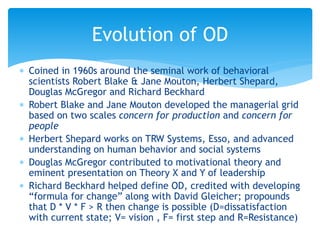  Coined in 1960s around the seminal work of behavioral
scientists Robert Blake & Jane Mouton, Herbert Shepard,
Douglas McGregor and Richard Beckhard
 Robert Blake and Jane Mouton developed the managerial grid
based on two scales concern for production and concern for
people
 Herbert Shepard works on TRW Systems, Esso, and advanced
understanding on human behavior and social systems
 Douglas McGregor contributed to motivational theory and
eminent presentation on Theory X and Y of leadership
 Richard Beckhard helped define OD, credited with developing
“formula for change” along with David Gleicher; propounds
that D * V * F > R then change is possible (D=dissatisfaction
with current state; V= vision , F= first step and R=Resistance)
Evolution of OD
 