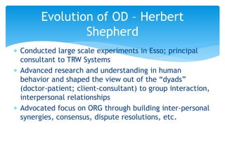  Conducted large scale experiments in Esso; principal
consultant to TRW Systems
 Advanced research and understanding in human
behavior and shaped the view out of the “dyads”
(doctor-patient; client-consultant) to group interaction,
interpersonal relationships
 Advocated focus on ORG through building inter-personal
synergies, consensus, dispute resolutions, etc.
Evolution of OD – Herbert
Shepherd
 