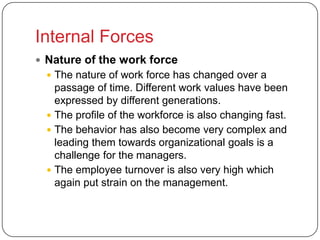Internal Forces
 Nature of the work force
   The nature of work force has changed over a
    passage of time. Different ...