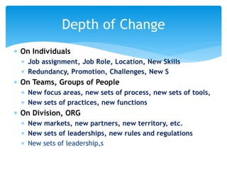  On Individuals
 Job assignment, Job Role, Location, New Skills
 Redundancy, Promotion, Challenges, New S
 On Teams, Groups of People
 New focus areas, new sets of process, new sets of tools,
 New sets of practices, new functions
 On Division, ORG
 New markets, new partners, new territory, etc.
 New sets of leaderships, new rules and regulations
 New sets of leadership,s
Depth of Change
 