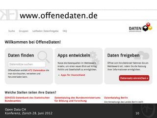 www.offenedaten.de




Open Data CH
Konferenz, Zürich 28. Juni 2012   10
 