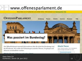 www.offenesparlament.de




Open Data CH
Konferenz, Zürich 28. Juni 2012    13
 