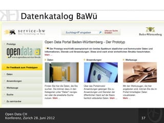Datenkatalog BaWü




Open Data CH
Konferenz, Zürich 28. Juni 2012   37
 