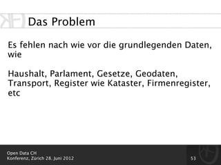 Das Problem

Es fehlen nach wie vor die grundlegenden Daten,
wie

Haushalt, Parlament, Gesetze, Geodaten,
Transport, Register wie Kataster, Firmenregister,
etc




Open Data CH
Konferenz, Zürich 28. Juni 2012             53
 