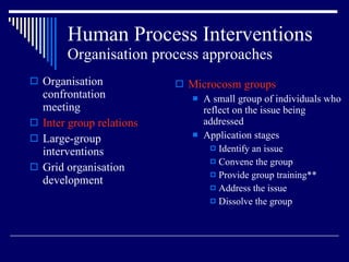 Human Process Interventions Organisation process approaches Organisation confrontation meeting Inter group relations Large-group interventions Grid organisation development Microcosm groups A small group of individuals who reflect on the issue being addressed Application stages Identify an issue Convene the group Provide group training** Address the issue Dissolve the group 