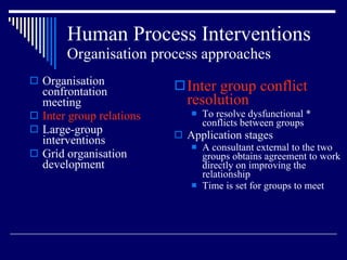 Human Process Interventions Organisation process approaches Organisation confrontation meeting Inter group relations Large-group interventions Grid organisation development Inter group conflict resolution To resolve dysfunctional *  conflicts between groups Application stages A consultant external to the two groups obtains agreement to work directly on improving the relationship Time is set for groups to meet 