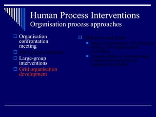 Human Process Interventions Organisation process approaches Organisation confrontation meeting Inter group relations Large-group interventions Grid organisation development Objective and result Improve planning by developing a strategy for organisational excellence IS most effective in overcoming communication barrier to corporate excellence 