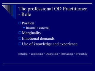 The professional OD Practitioner - Role Position Internal / external Marginality Emotional demands Use of knowledge and experience Entering  > contracting > Diagnosing > Intervening > Evaluating 