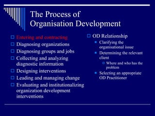 The Process of  Organisation Development Entering and contracting Diagnosing organizations Diagnosing groups and jobs Collecting and analyzing diagnostic information Designing interventions Leading and managing change Evaluating and institutionalizing organization development interventions OD Relationship Clarifying the organisational issue Determining the relevant client Where and who has the problem Selecting an appropriate OD Practitioner 