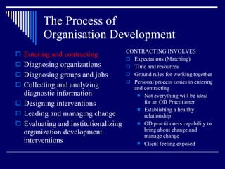 The Process of  Organisation Development Entering and contracting Diagnosing organizations Diagnosing groups and jobs Collecting and analyzing diagnostic information Designing interventions Leading and managing change Evaluating and institutionalizing organization development interventions CONTRACTING INVOLVES Expectations (Matching) Time and resources Ground rules for working together Personal process issues in entering and contracting Not everything will be ideal for an OD Practitioner Establishing a healthy relationship OD practitioners capability to bring about change and manage change Client feeling exposed 