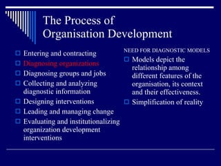 The Process of  Organisation Development Entering and contracting Diagnosing organizations Diagnosing groups and jobs Collecting and analyzing diagnostic information Designing interventions Leading and managing change Evaluating and institutionalizing organization development interventions NEED FOR DIAGNOSTIC MODELS Models depict the relationship among different features of the organisation, its context and their effectiveness. Simplification of reality 