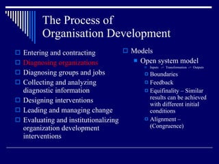 The Process of  Organisation Development Entering and contracting Diagnosing organizations Diagnosing groups and jobs Collecting and analyzing diagnostic information Designing interventions Leading and managing change Evaluating and institutionalizing organization development interventions Models Open system model Inputs  ->  Transformation  ->  Outputs Boundaries Feedback Equifinality – Similar results can be achieved with different initial conditions Alignment – (Congruence) 
