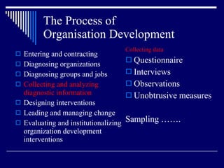 The Process of  Organisation Development Entering and contracting Diagnosing organizations Diagnosing groups and jobs Collecting and analyzing diagnostic information Designing interventions Leading and managing change Evaluating and institutionalizing organization development interventions Collecting data Questionnaire Interviews Observations Unobtrusive measures Sampling ……. 