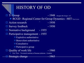 HISTORY OF OD T- Group - 1948  – Douglas Mc Gregor - UC RCGD –Regional Center for Group Dynamics –MIT-  Kurt Lewin Action research ` - 1950 Survey feedback - 1950 Normative background  - 1955 Participative management - 1955 Exploitive authoritative Benevolent authoritative Consultative Participative group Quality of work life - 1960  Eric Trist – Tavistock institute of human relations  -London Strategic change - 1965 