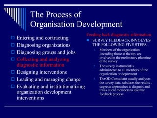 The Process of  Organisation Development Entering and contracting Diagnosing organizations Diagnosing groups and jobs Collecting and analyzing diagnostic information Designing interventions Leading and managing change Evaluating and institutionalizing organization development interventions Feeding back diagnostic information SURVEY FEEDBACK INVOLVES THE FOLLOWING FIVE STEPS Members of the organization ,including those at the top, are involved in the preliminary planning of the survey The survey instrument is administered to all members of the organization or department The OD Consultant usually analyses the survey data, tabulates the results , suggests approaches to diagnsis and trains client members to lead the feedback process 
