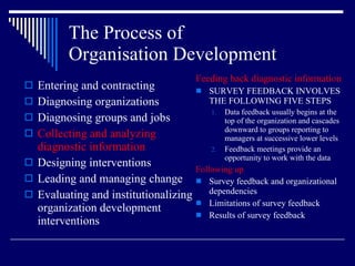 The Process of  Organisation Development Entering and contracting Diagnosing organizations Diagnosing groups and jobs Collecting and analyzing diagnostic information Designing interventions Leading and managing change Evaluating and institutionalizing organization development interventions Feeding back diagnostic information SURVEY FEEDBACK INVOLVES THE FOLLOWING FIVE STEPS Data feedback usually begins at the top of the organization and cascades downward to groups reporting to managers at successive lower levels Feedback meetings provide an opportunity to work with the data Following up Survey feedback and organizational dependencies Limitations of survey feedback Results of survey feedback 