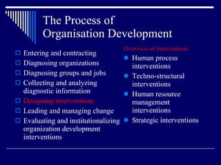 The Process of  Organisation Development Entering and contracting Diagnosing organizations Diagnosing groups and jobs Collecting and analyzing diagnostic information Designing interventions Leading and managing change Evaluating and institutionalizing organization development interventions Overview of interventions Human process interventions Techno-structural interventions Human resource management interventions Strategic interventions  