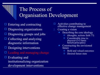 The Process of  Organisation Development Activities contributing to effective change management Creating a vision Describing the core ideology (thoughts, actions faith ??) Considerable time to discover (3-5 basic beliefs/principles) Constructing the envisioned future Bold and valued outcomes Desired future state Entering and contracting Diagnosing organizations Diagnosing groups and jobs Collecting and analyzing diagnostic information Designing interventions Leading and managing change Evaluating and institutionalizing organization development interventions 