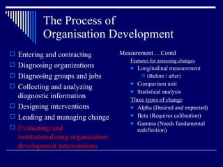 The Process of  Organisation Development Measurement …Contd Features for assessing changes Longitudinal measurement (Before / after) Comparison unit Statistical analysis Three types of change Alpha (Desired and expected) Beta (Requires calibration) Gamma (Needs fundamental redefinition) Entering and contracting Diagnosing organizations Diagnosing groups and jobs Collecting and analyzing diagnostic information Designing interventions Leading and managing change Evaluating and institutionalizing organization development interventions 