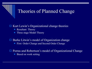 Theories of Planned Change Kurt Lewin’s Organizational change theories Resultant  Theory Three stage Model Theory Burke Litwin’s model of Organization change First  Order Change and Second Order Change Porras and Robertson’s model of Organizational Change Based on work setting 