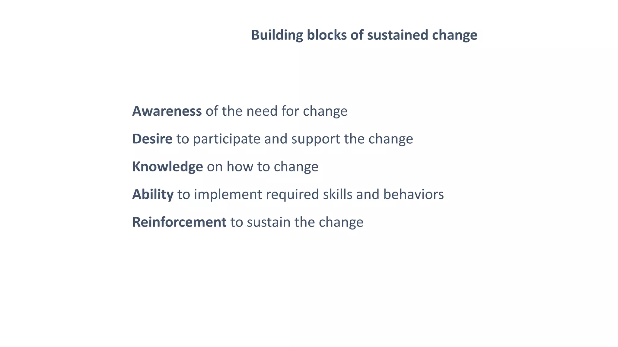 Awareness of the need for change
Desire to participate and support the change
Knowledge on how to change
Ability to implement required skills and behaviors
Reinforcement to sustain the change
Building blocks of sustained change
 