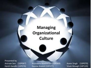 Managing Organizational Culture Presented by AnirvanSen   (10P067)           ArunabhaMukherjee(10P069)Asees Singh    (10P070) Harsh Gandhi (10P076)GauravAnand(10P077)Vivek Mowgli (10P120) 