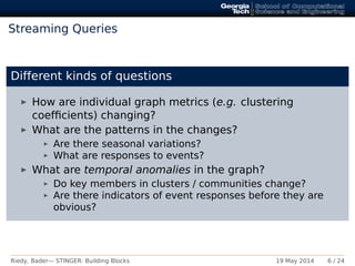 Streaming Queries
Different kinds of questions
How are individual graph metrics (e.g. clustering
coefﬁcients) changing?
What are the patterns in the changes?
Are there seasonal variations?
What are responses to events?
What are temporal anomalies in the graph?
Do key members in clusters / communities change?
Are there indicators of event responses before they are
obvious?
Riedy, Bader— STINGER: Building Blocks 19 May 2014 6 / 24
 