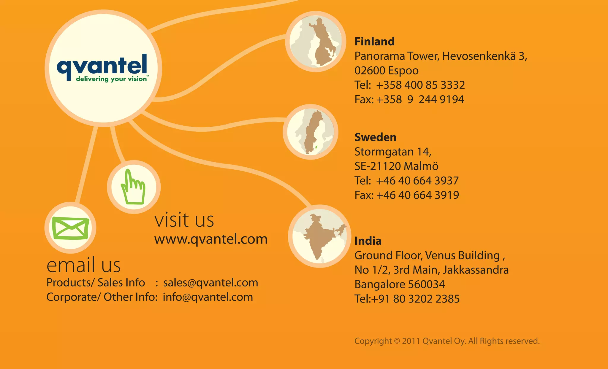 Finland
                                           Panorama Tower, Hevosenkenkä 3,
                                           02600 Espoo
                                           Tel: +358 400 85 3332
                                           Fax: +358 9 244 9194


                                           Sweden
                                           Stormgatan 14,
                                           SE-21120 Malmö
                                           Tel: +46 40 664 3937
                                           Fax: +46 40 664 3919

                    visit us
                    www.qvantel.com        India
                                           Ground Floor, Venus Building ,
email us                                   No 1/2, 3rd Main, Jakkassandra
Products/ Sales Info : sales@qvantel.com   Bangalore 560034
Corporate/ Other Info: info@qvantel.com    Tel:+91 80 3202 2385


                                           Copyright © 2011 Qvantel Oy. All Rights reserved.
 