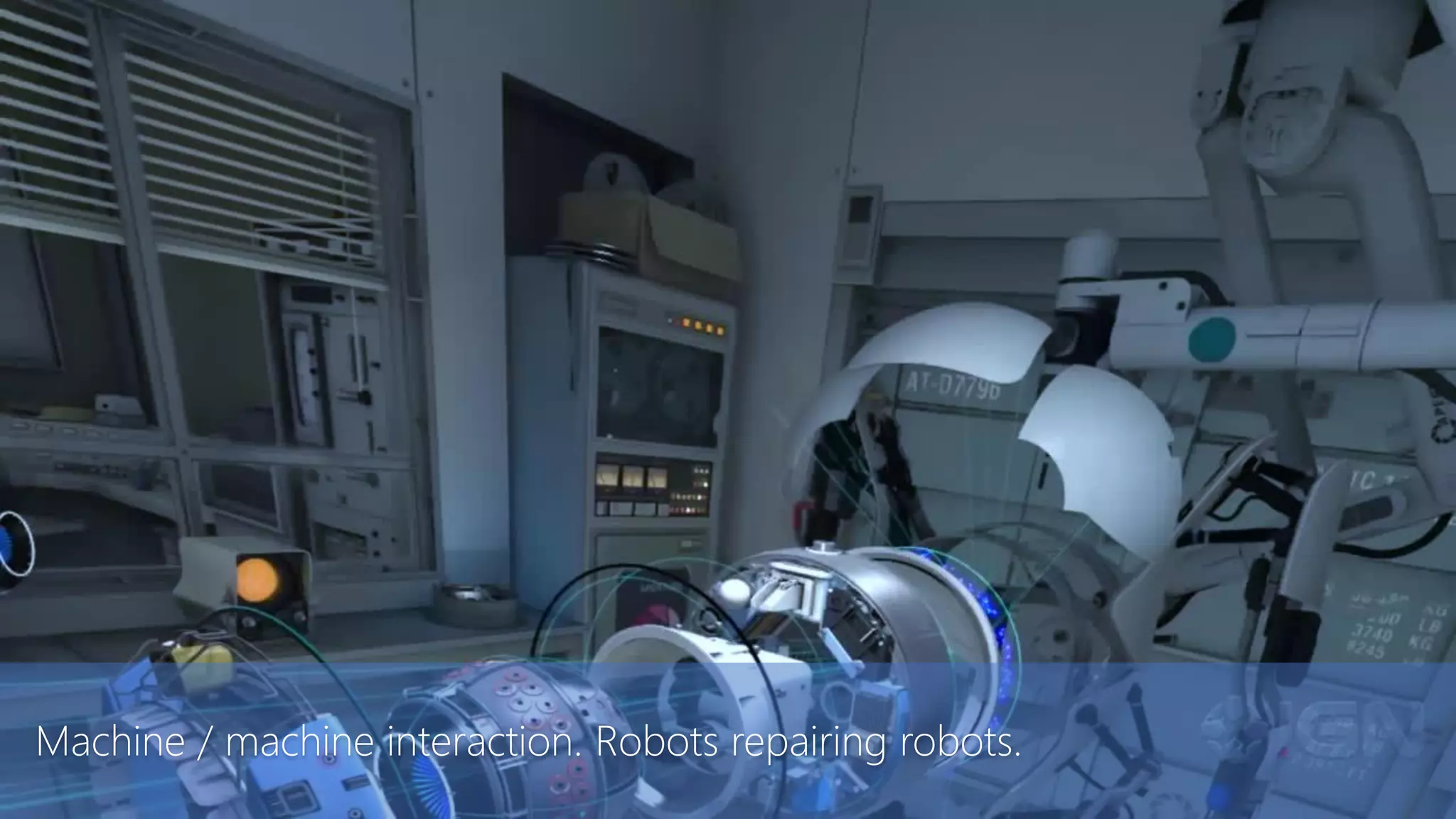 Machine / machine interaction. Robots repairing robots.
 