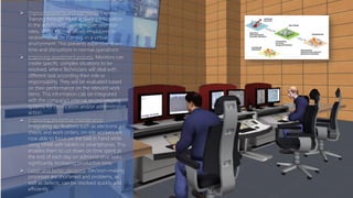  Improving quality, and standards. Experiential
Training through VRAR actively participation
in the activities obtaining higher retention
rates. VRAR training allows employees to
receive hands on training, in a virtual
environment. This prevents expensive down
time and disruptions in normal operations
 Improving assestment process. Monitors can
create specific complex situations to be
resolved, where Technicians will deal with
different task according their role or
responsability. They will be evaluated based
on their performance on the relevant work
items. This information cab be integrated
with the company’s internal record keeping
systems for certification and/or administrative
action.
 Improving preventive maintenance.
Integrating applications such as electronic job
sheets and work orders, on-site workers are
now able to focus on the task in hand while
using VRAR with tablets or smartphones. This
enables them to cut down on time spent at
the end of each day on administrative tasks,
significantly increasing productive-time.
 Faster and better decisions. Decision-making
processes are shortened and problems, as
well as defects, can be resolved quickly and
efficiently
 