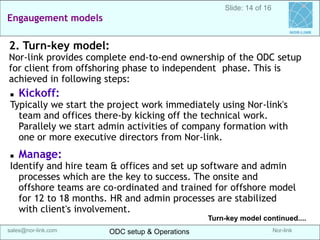 Nor-link 
sales@nor-link.com 
Engagement models 
ODC setup & Operations 
ODC setup & Operations 
srikanth@Nor-link.com 
NOR-LINK 
Slide: 14 of 16 
2. Turn-key model: 
Nor-link provides complete end-to-end ownership of the ODC setup for client from offshoring phase to independent phase. This is achieved in following steps: 
Kickoff: 
Typically we start the project work immediately using Nor-link's team and offices there-by kicking off the technical work. Parallely we start admin activities of company formation with one or more executive directors from Nor-link. 
Manage: 
Identify and hire team & offices and set up software and admin processes which are the key to success. The onsite and offshore teams are co-ordinated and trained for offshore model for 12 to 18 months. HR and admin processes are stabilized with client's involvement. 
Turn-key model continued....  