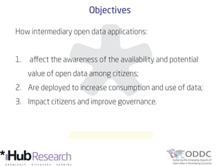 How intermediary open data applications:
1.  aﬀect the awareness of the availability and potential
value of open data among citizens;
2.  Are deployed to increase consumption and use of data;
3.  Impact citizens and improve governance.
Objectives
 
