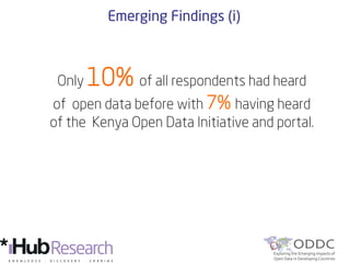 Emerging Findings (i)
Only 10% of all respondents had heard
of open data before with 7% having heard
of the Kenya Open Data Initiative and portal.
 