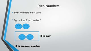 Even Numbers
• Even Numbers are in pairs.
• Eg. Is 2 an Even number?
2 in pair
2 is an even number