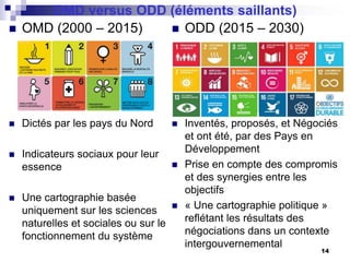 OMD versus ODD (éléments saillants)
 OMD (2000 – 2015)
 Dictés par les pays du Nord
 Indicateurs sociaux pour leur
essence
 Une cartographie basée
uniquement sur les sciences
naturelles et sociales ou sur le
fonctionnement du système
 ODD (2015 – 2030)
 Inventés, proposés, et Négociés
et ont été, par des Pays en
Développement
 Prise en compte des compromis
et des synergies entre les
objectifs
 « Une cartographie politique »
reflétant les résultats des
négociations dans un contexte
intergouvernemental
14
 